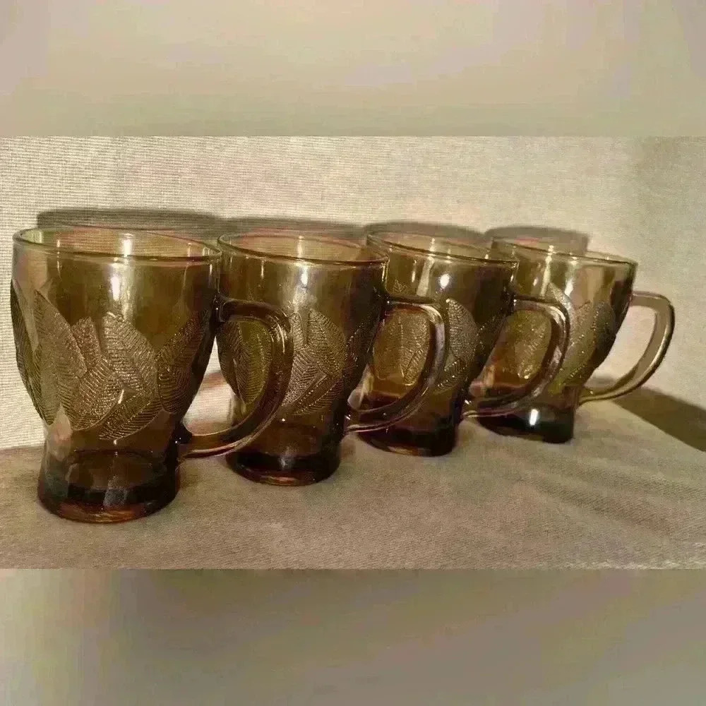 Vintage Smoky Brown Taupe Indonesia KIG Leaf Pattern Glass Coffee  Mugs (4)